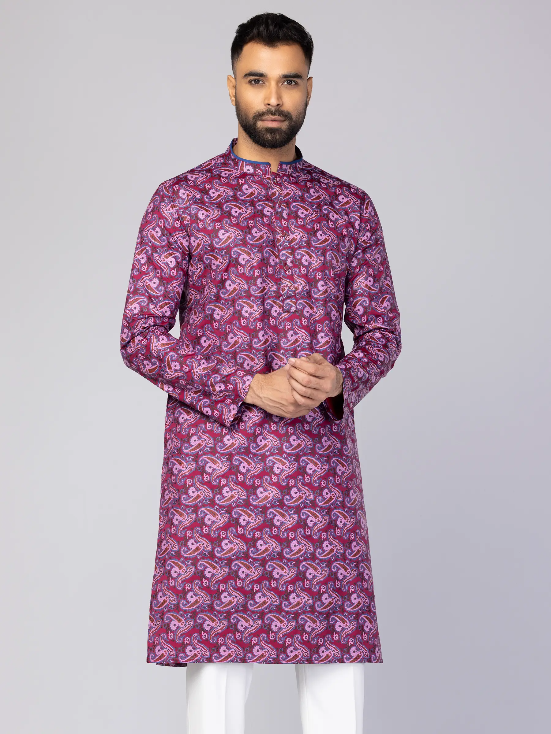 Dark Magenta Printed Cotton Slim Fit Panjabi